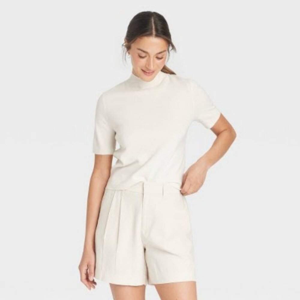 Short Sleeve Mock Turtleneck Pullover Sweater - Cream - NWT